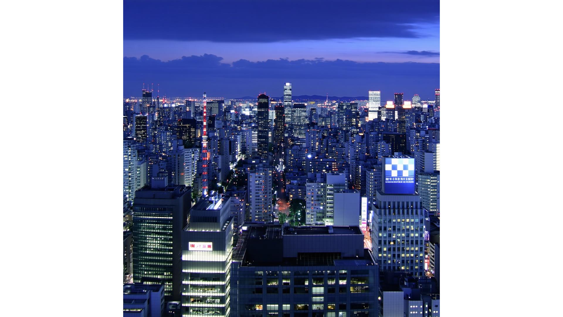 東京の夜景とモダンなオフィスビル